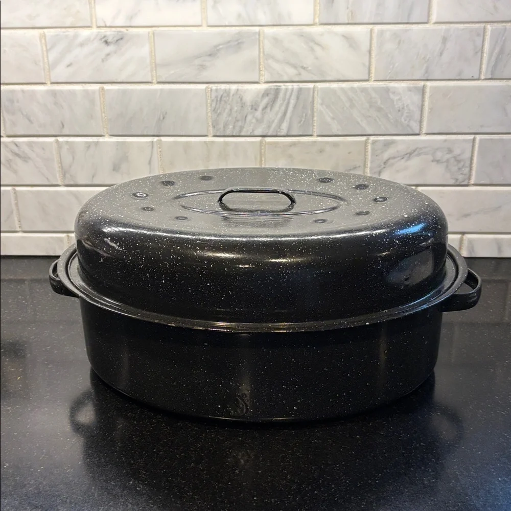 Vintage Black Speckled Enamel Roaster Large